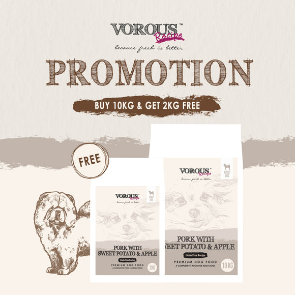 [Buy10kgFree2kg] Vorous Grain Free Pork with Sweet Potato & Apple for Adult Dogs (10kg+2kg)