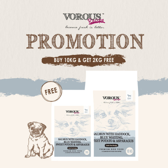 [Buy10kgFree2kg] Vorous Grain Free Salmon with Haddock, Blue Whiting, Sweet Potato & Asparagus for Puppies (10kg+2kg)