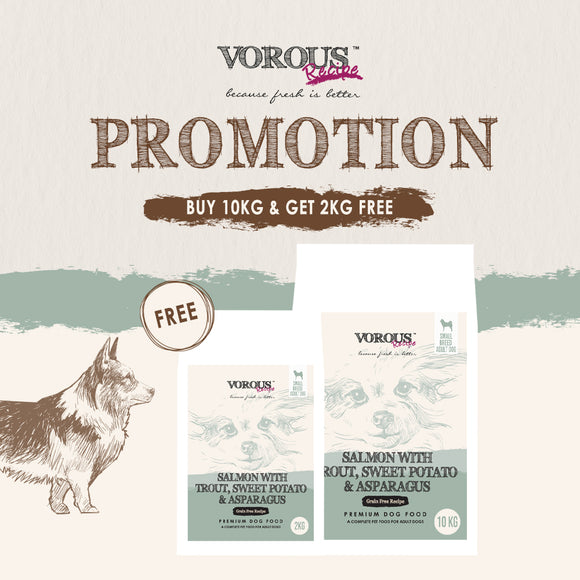 [Buy10kgFree2kg] Vorous Grain Free Salmon with Trout, Sweet Potato & Asparagus for Small Breed Adult Dogs (10kg+2kg)