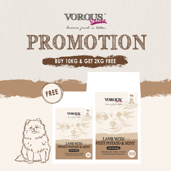 [Buy10kgFree2kg] Vorous Grain Free Lamb with Sweet Potato & Mint for Small Breed Adult Dogs (10kg+2kg)