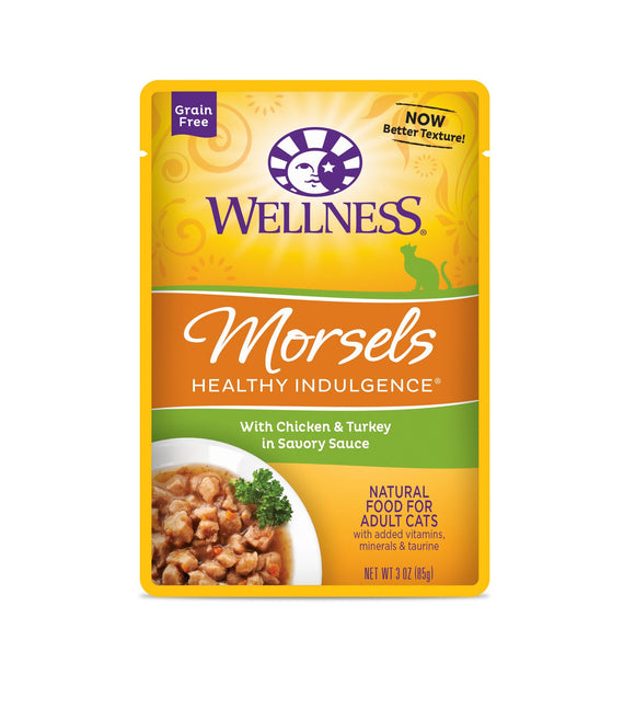 Wellness Grain Free Healthy Indulgence Morsels with Chicken & Turkey in Savory Sauce Wet Food for Cats (3oz)