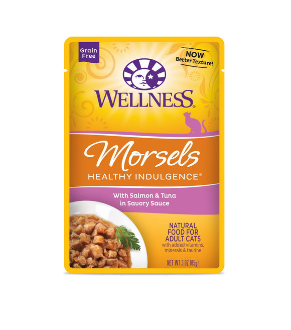 Wellness Grain Free Healthy Indulgence Morsels with Salmon & Tuna in Savory Sauce Wet Food for Cats (3oz)