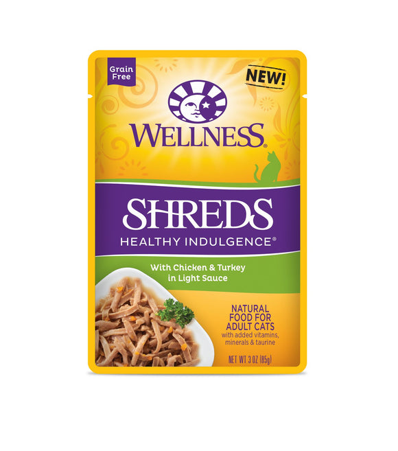Wellness Grain Free Healthy Indulgence Shreds with Chicken & Turkey in Light Sauce Wet Food for Cats (3oz)