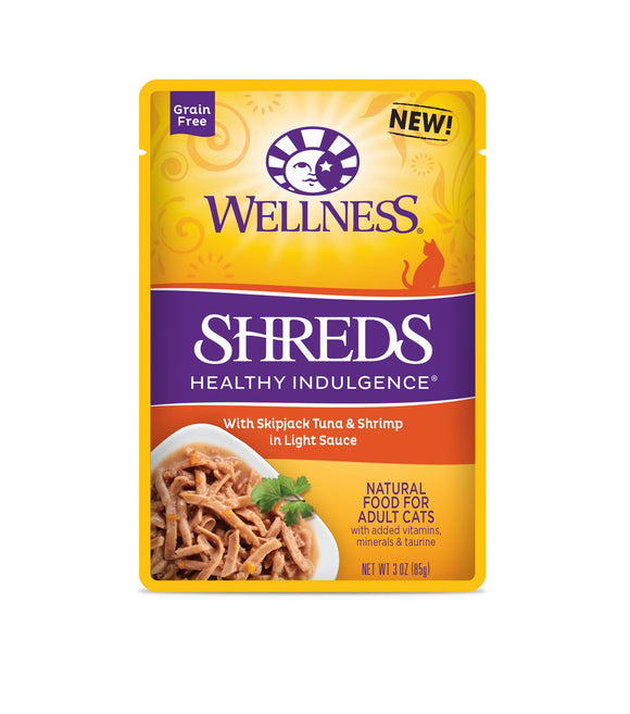 Wellness Grain Free Healthy Indulgence Shreds with Skipjack Tuna & Shrimp in Light Sauce Wet Food for Cats (3oz)