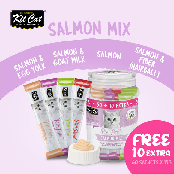 [Buy 1 Free 1] Kit Cat Purr Puree Liquid Treats for Cats - Salmon Mix (15g) | 60 Sticks
