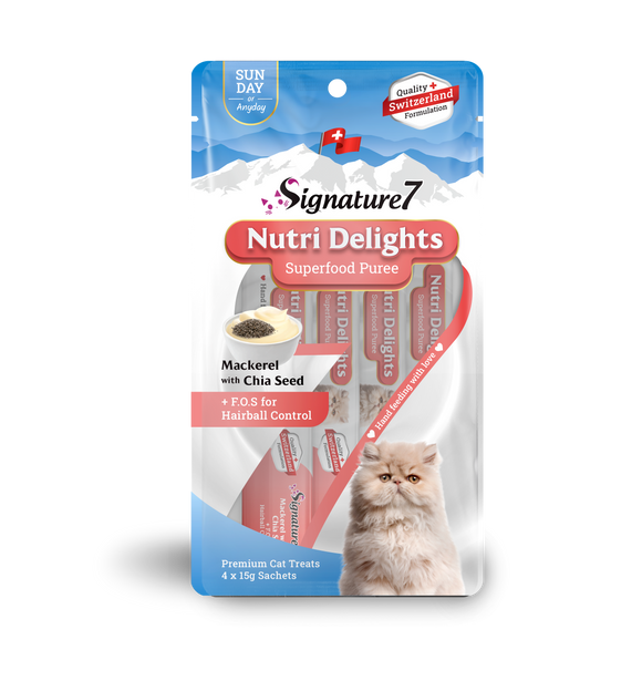 Signature 7 Sunday Nutri Delights Superfood Puree - Mackerel with Chia seed for Hairball Control for Cats -  15g x 4pc