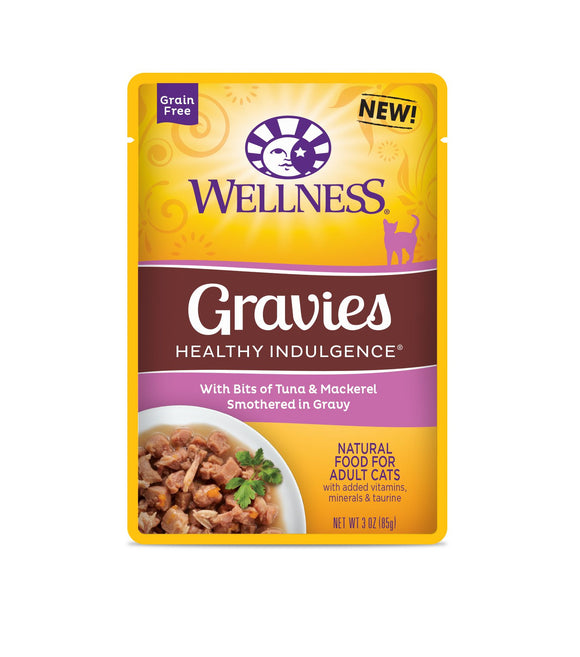 Wellness Grain Free Healthy Indulgence Gravies with Bits of Tuna & Mackerel Smothered In Gravy Wet Food for Cats (3oz)