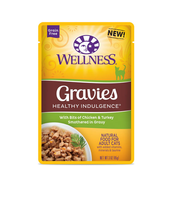 Wellness Grain Free Healthy Indulgence Gravies with Bits of Chicken & Turkey Smothered In Gravy Wet Food for Cats (3oz)