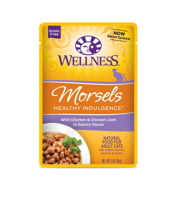 Wellness Grain Free Healthy Indulgence Morsels with Chicken & Chicken Liver in Savory Sauce Wet Food for Cats (3oz)