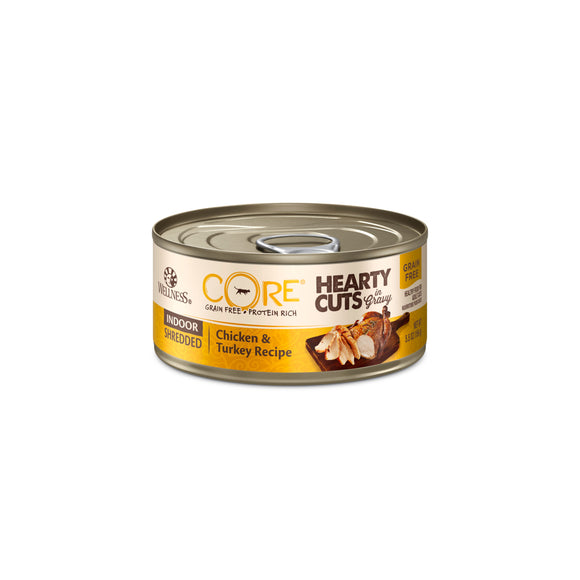 Wellness Core Grain Free Hearty Cuts in Gravy Shredded Indoor Chicken & Turkey Recipes Wet Food for Cats (5.5oz)