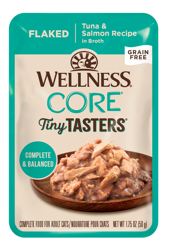 Wellness Core Grain Free Tiny Tasters Flaked Tuna & Salmon Recipes in Broth for Cats (1.75oz)