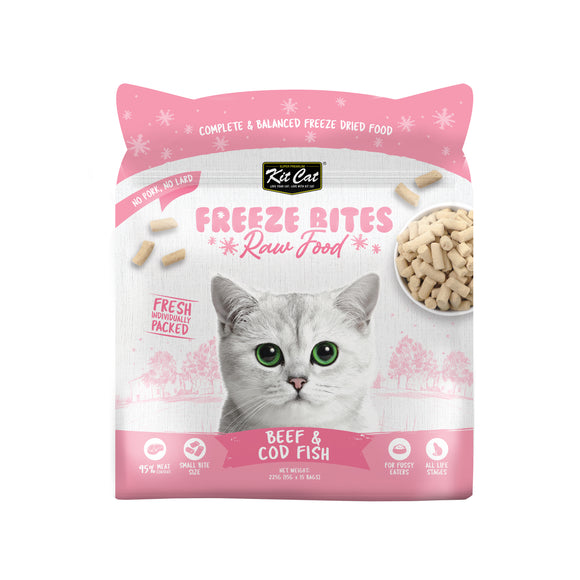 Kit Cat Freeze Bites Raw Food for Cats - Beef & Cod Fish (225g) | 15 Packs