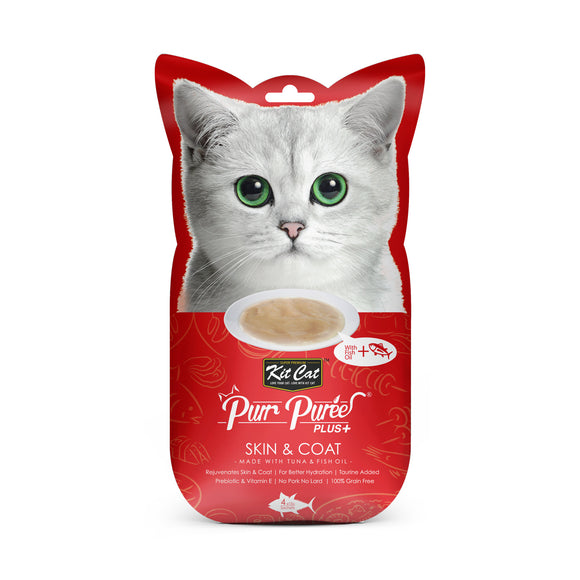 Kit Cat Purr Puree Plus+ Skin & Coat Treats for Cats (Tuna & Fish Oil) 4 x 15g sachets