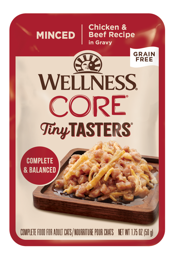 Wellness Core Grain Free Tiny Tasters Minced Chicken & Beef Recipes in Gravy for Cats (1.75oz)