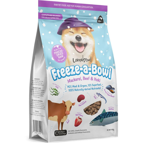 Loveabowl Freeze-A-Bowl Mackerel, Beef & Hoki Grain-Free Freeze-Dried Raw Dog Food (2 sizes)
