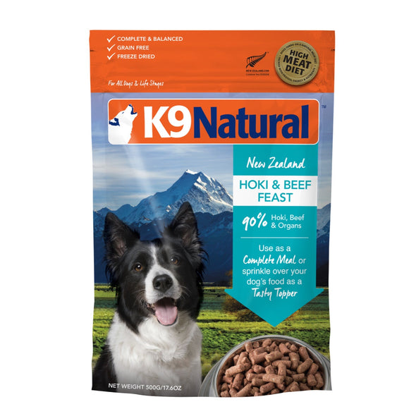 [Best Before 13/04/2025] K9 Natural Freeze-Dried Hoki & Beef Feast Food for Dogs (500g)