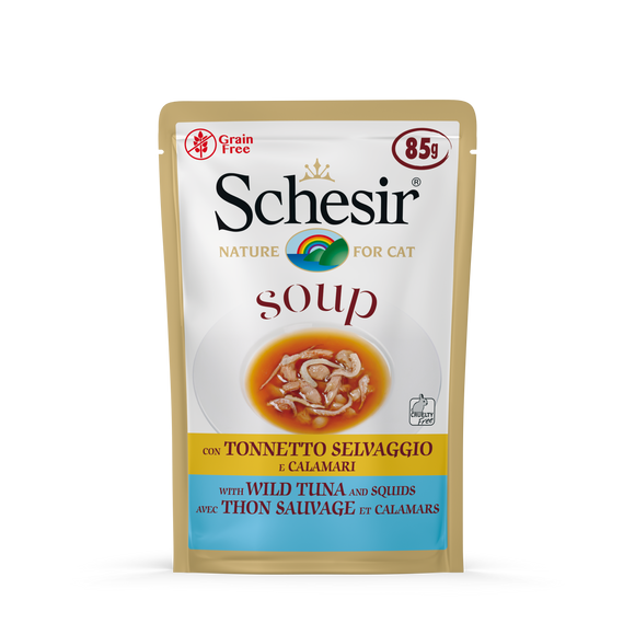 Schesir Pouches in Soup (Wild Tuna & Squid) for Cats (85g)