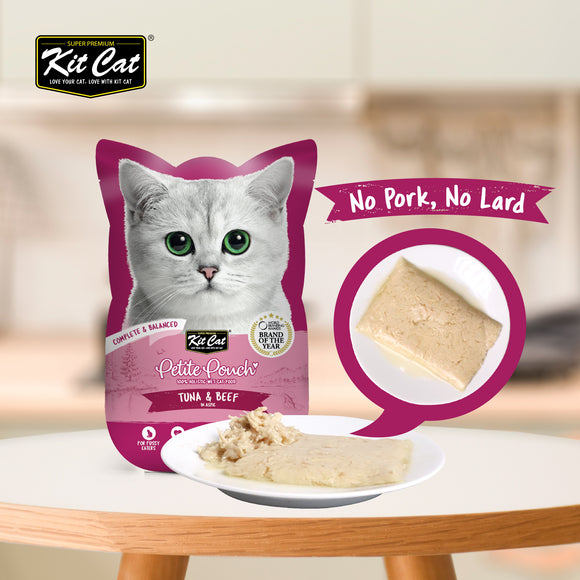 [1ctn=24pcs] Kit Cat Petite Pouch Complete & Balanced Wet Cat Food - Tuna & Beef in Aspic (70g x 24)