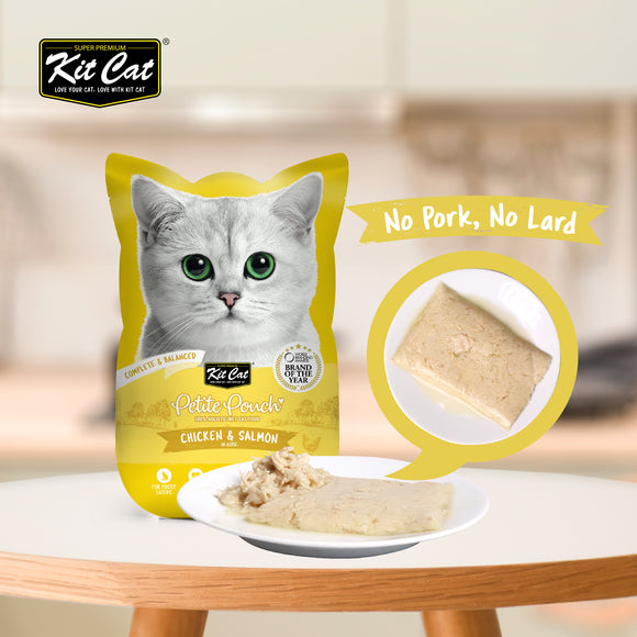 [1ctn=24pcs] Kit Cat Petite Pouch Complete & Balanced Wet Cat Food - Chicken & Salmon in Aspic (70g x 24)