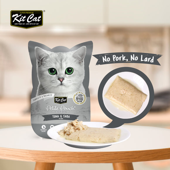 [1ctn=24pcs] Kit Cat Petite Pouch Complete & Balanced Wet Cat Food - Tuna & Saba in Aspic (70g x 24)