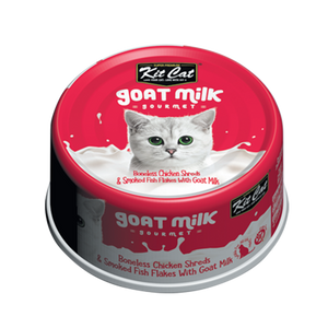 [1carton] Kit Cat Gourmet Goat Milk Series Canned Food (Boneless Chicken Shreds & Smoked Fish Flakes) 70g x 24cans