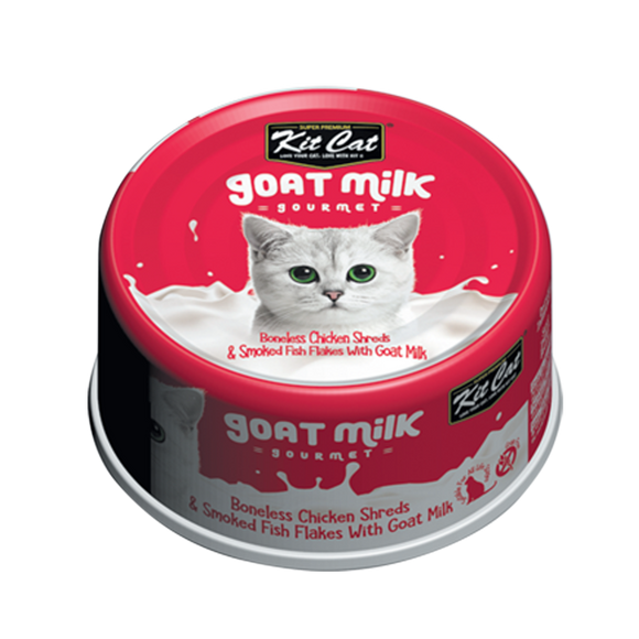 [1carton] Kit Cat Gourmet Goat Milk Series Canned Food (Boneless Chicken Shreds & Smoked Fish Flakes) 70g x 24cans
