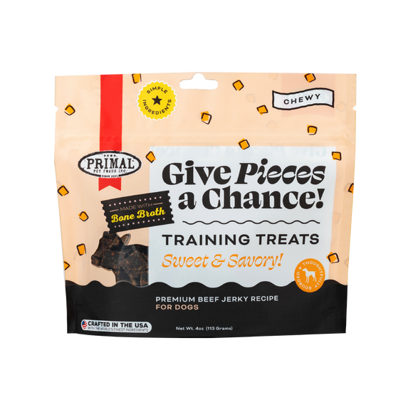 Primal Give Pieces A Chance! Dog Training Treats - Premium Beef with Broth Jerky (4oz)