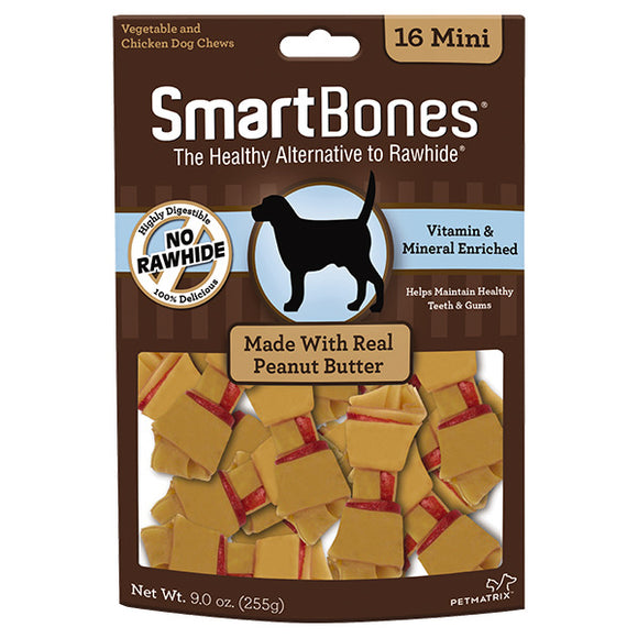 SmartBones Peanut Butter Classic Bone Chews for Dogs - Mini (16 pieces)