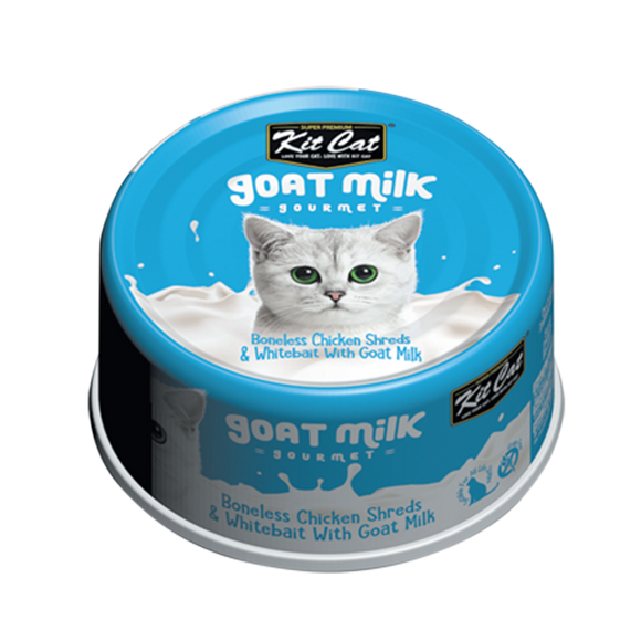 [1carton] Kit Cat Gourmet Goat Milk Series Canned Food (Boneless Chicken Shreds & Whitebait) 70g x 24cans