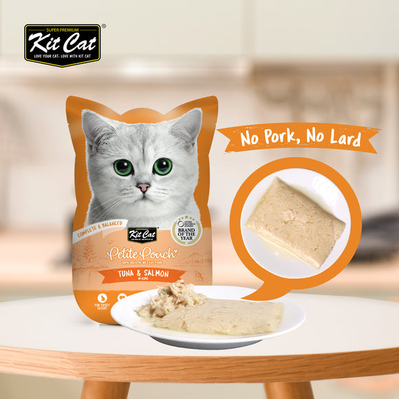 [1ctn=24pcs] Kit Cat Petite Pouch Complete & Balanced Wet Cat Food - Tuna & Salmon in Aspic (70g x 24)