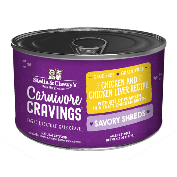 Stella & Chewy's Carnivore Cravings-Savory Shreds Chicken & Chicken Liver Dinner in Broth for Cats (5.2oz)
