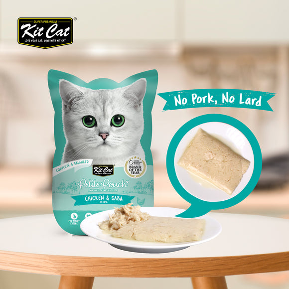 [1ctn=24pcs] Kit Cat Petite Pouch Complete & Balanced Wet Cat Food - Chicken & Saba in Aspic (70g x 24)