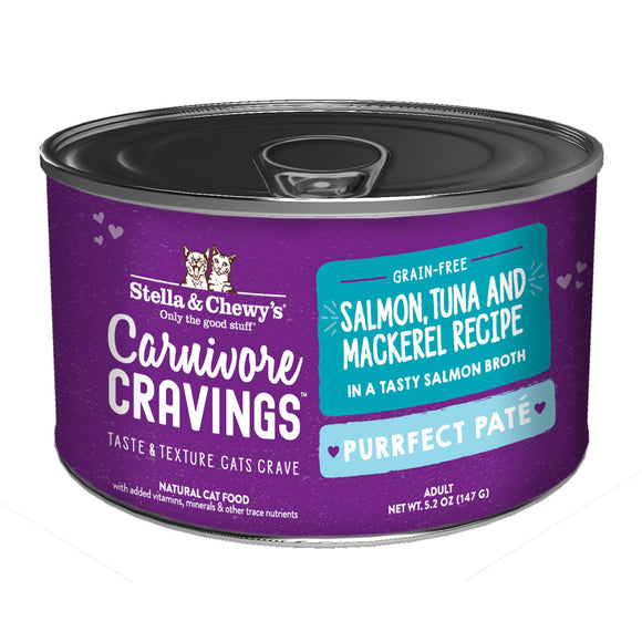 Stella & Chewy's Carnivore Cravings-Purrfect Pate Salmon, Tuna & Mackerel Pate Recipe in Broth for Cats (5.2oz)