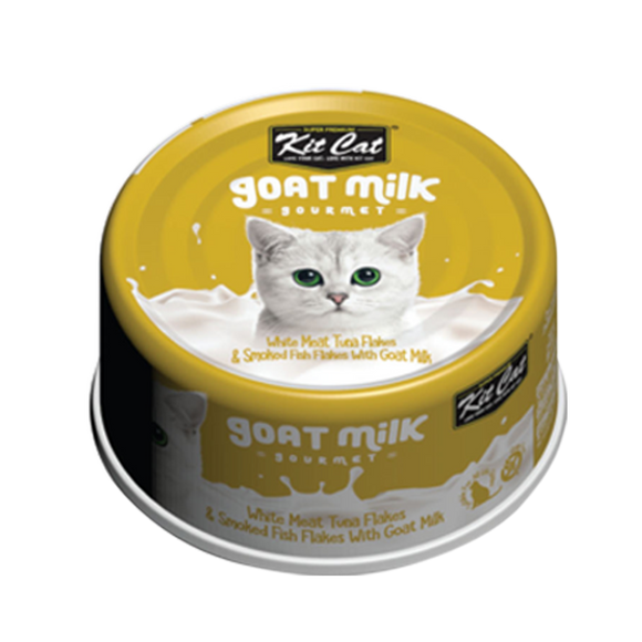 [1carton] Kit Cat Gourmet Goat Milk Series Canned Food (White Meat Tuna Flakes & Smoked Fish Flakes) 70g x 24cans