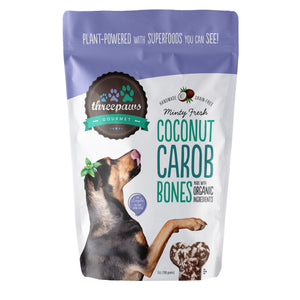 Threepaws Gourmet Minty Fresh Coconut Carob Bones Gourmet Organic and Vegan Dog Treats (198g/7oz)