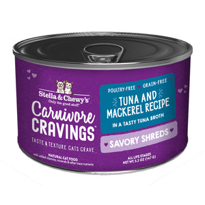 Stella & Chewy's Carnivore Cravings-Savory Shreds Tuna & Mackerel Dinner in Broth for Cats (5.2oz)