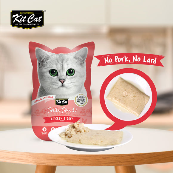 [1ctn=24pcs] Kit Cat Petite Pouch Complete & Balanced Wet Cat Food - Chicken & Beef in Aspic (70g x 24)